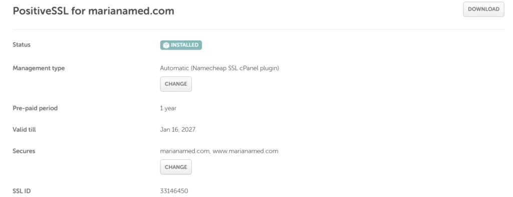 Confirmación de sistema indicando que el certificado SSL ha sido instalado correctamente.
