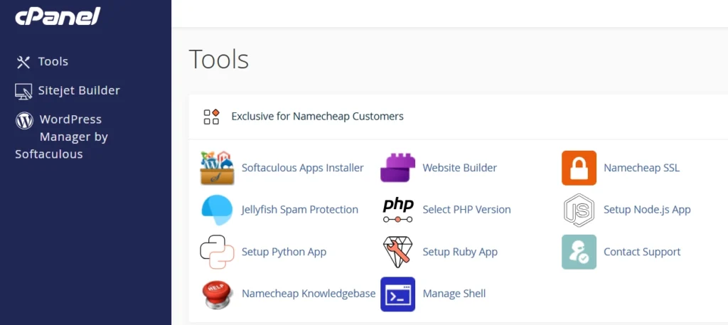 Panel de control cPanel con las opciones de instalación de certificado SSL en Namecheap para el dominio.