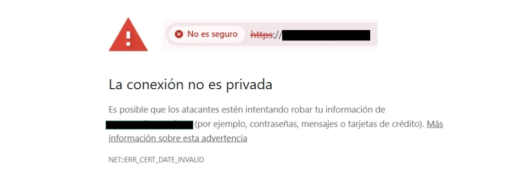 Aviso de advertencia de Google Chrome indicando que la conexión no es segura por falta de certificado SSL.