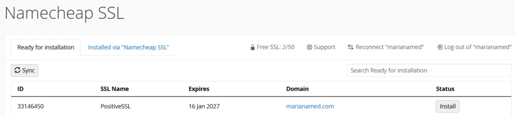 Interfaz de Namecheap SSL mostrando la lista de dominios disponibles para instalar el certificado de seguridad.