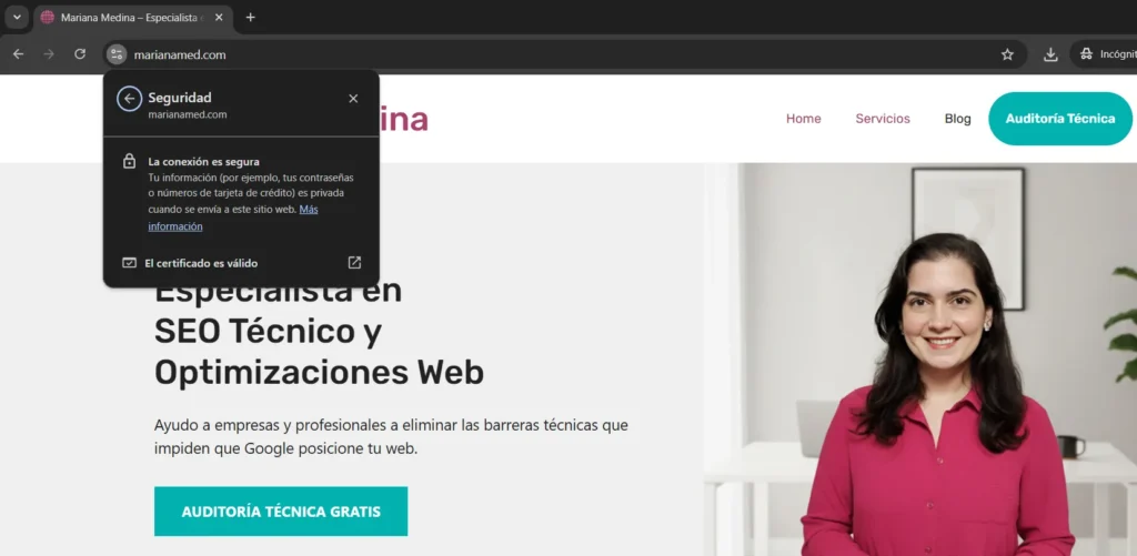 Vista del navegador mostrando el candado de seguridad y el certificado SSL válido para marianamed.com.