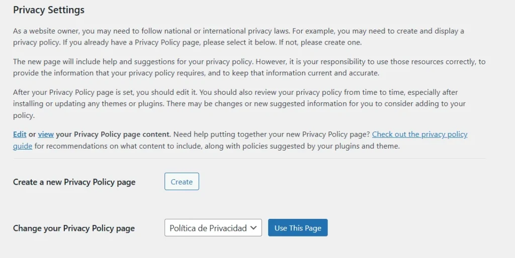 Sección de ajustes de privacidad en WordPress para cumplir con la normativa legal.