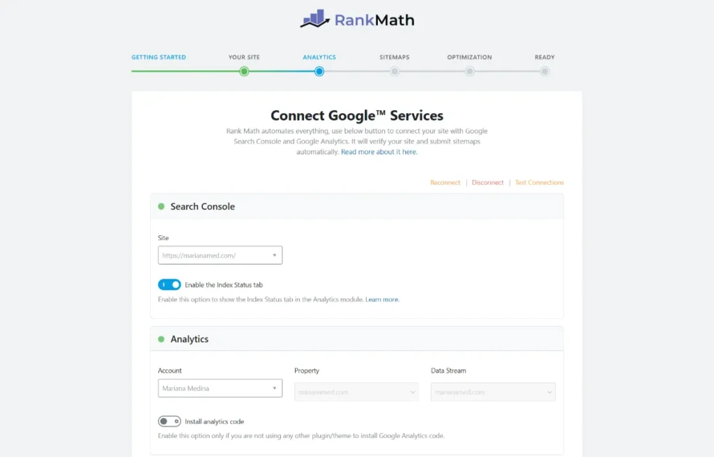Vinculación de analíticas de Google (Google Search Console y Google Analitycs) con Rank Math