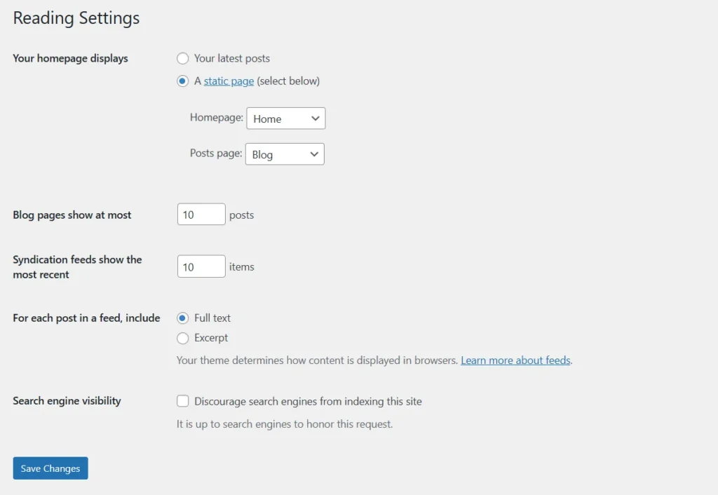 Configuración de lectura en WordPress seleccionando una página de inicio estática y una página de blog.