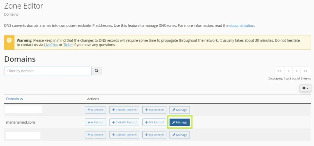 Cómo seleccionar el botón Manage para gestionar el dominio