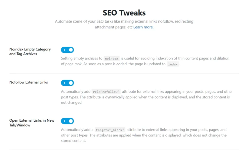 Configuración de indexación de etiquetas y enlaces externos