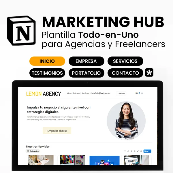 Vista previa de la oficina virtual Marketing Hub en Notion para freelancers y agencias.