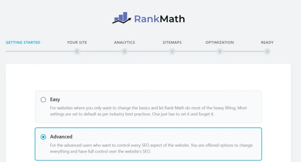 Selección del Modo Avanzado en el asistente de Rank Math.