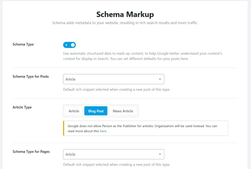 Configuración de Schema Markup para artículos del blog