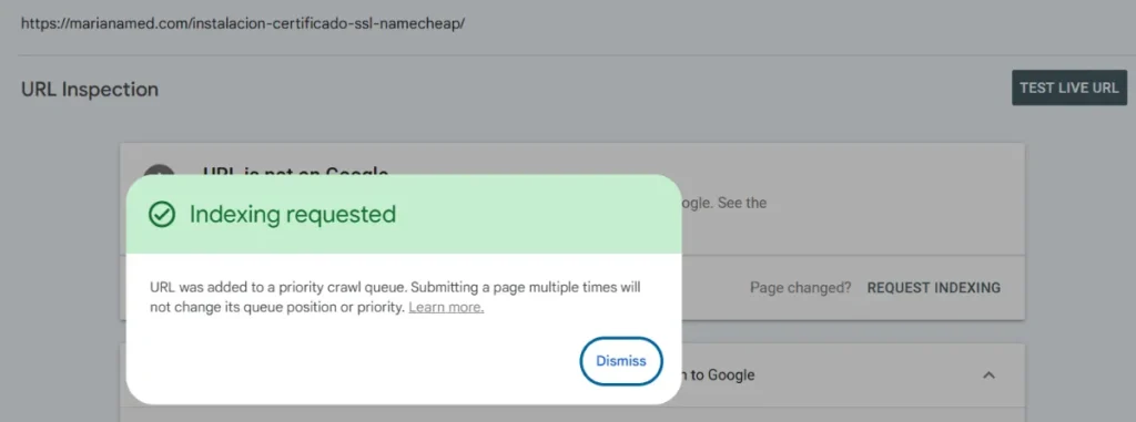 Solicitud de indexación de página web enviada a Google