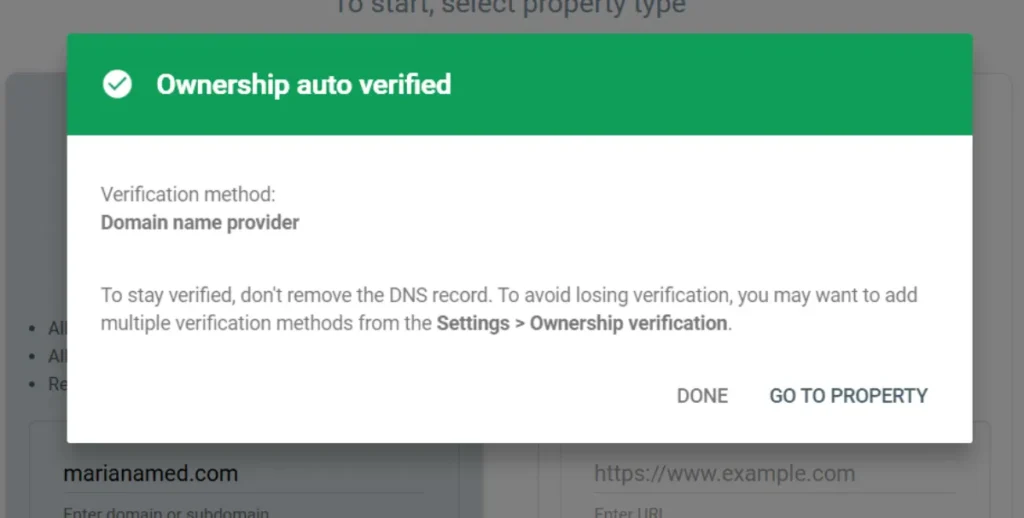 Verificación de propiedad de dominio exitosa en Search Console
