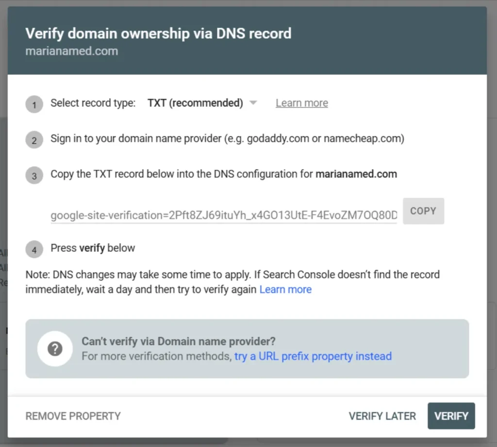 Opciones de verificación de propiedad de dominio en GSC